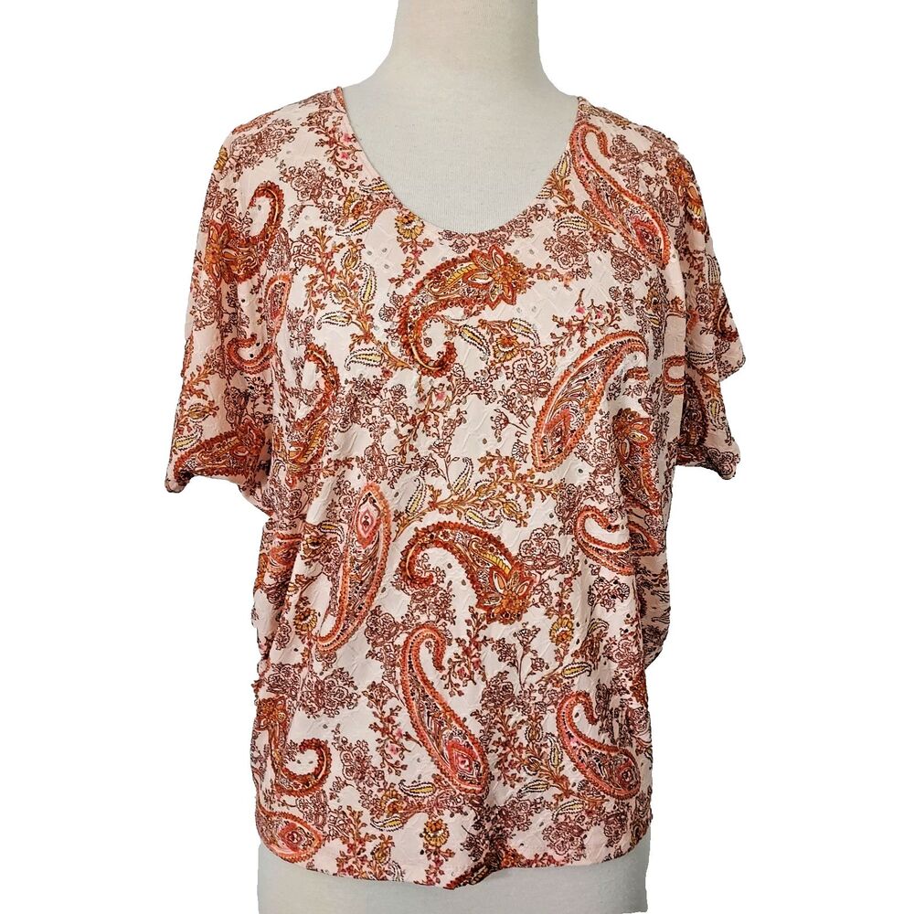 Kim & Cami Womens Short Dolman Sleeve Top Eyelet Design Tapered Waist Size Large